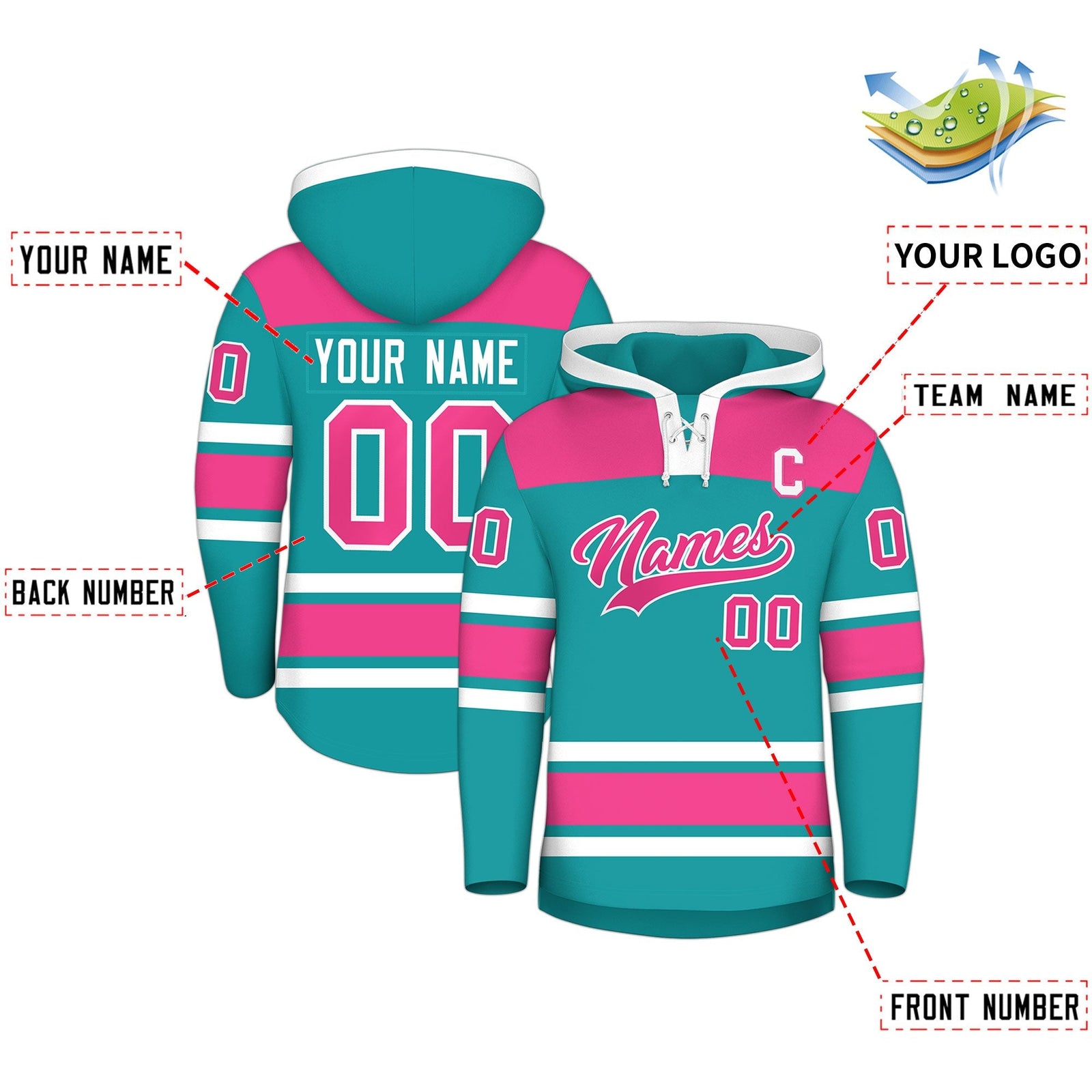 Custom Hockey Hoodie Jersey Aqua Pink Raglan Sleeves Lace-Up Neck Classic Team Colors Hoodie