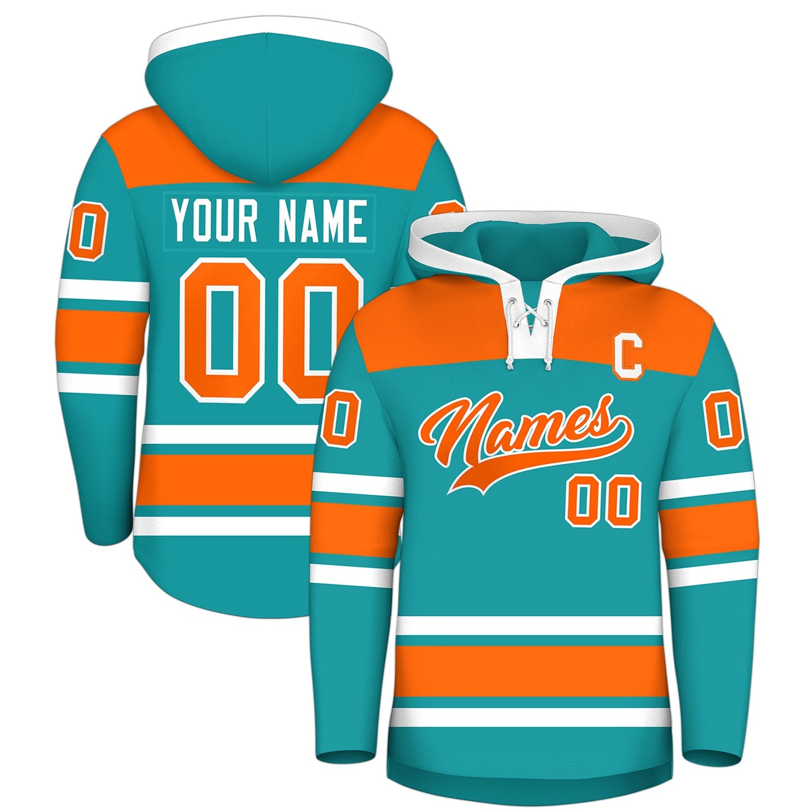 Custom Hockey Hoodie Jersey Aqua Orange Raglan Sleeves Lace-Up Neck Personalized Jersey for Men & Youth