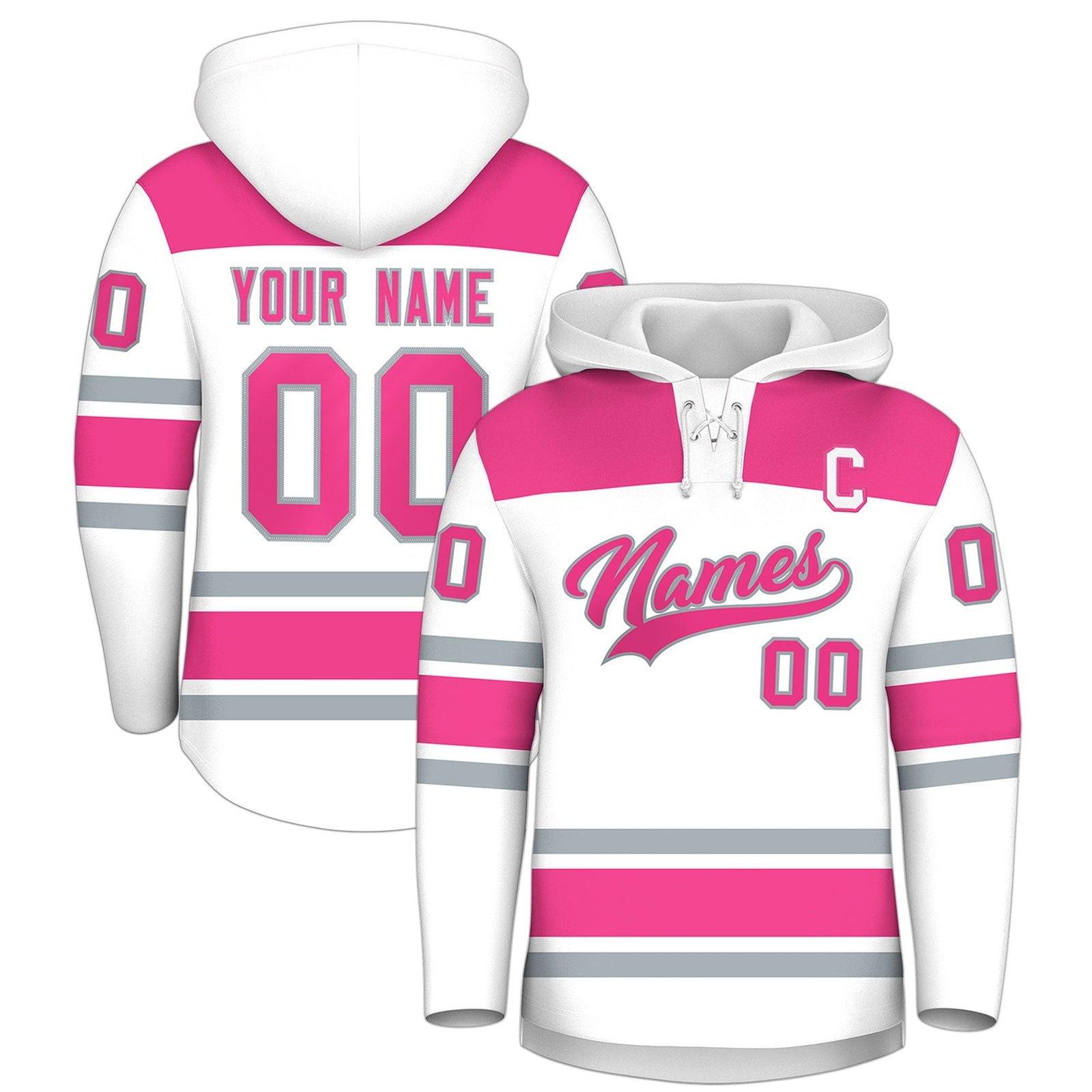 Custom Hockey Hoodie Jersey White Pink Raglan Sleeves Lace-Up Neck Personal Name & Number & Logo
