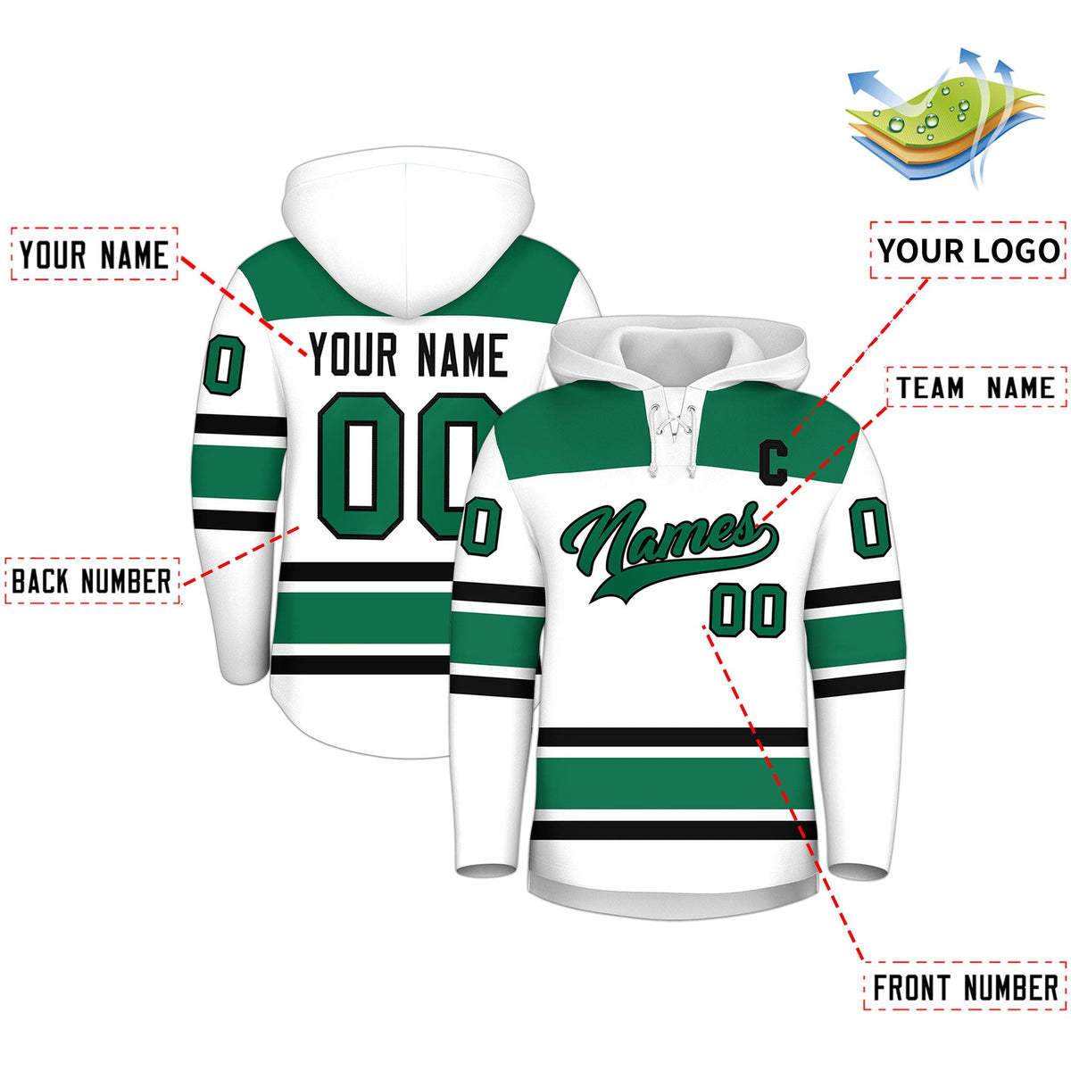 Custom Hockey Hoodie Jersey White Kelly Green Raglan Sleeves Lace-Up Neck Classic Team Colors Hoodie