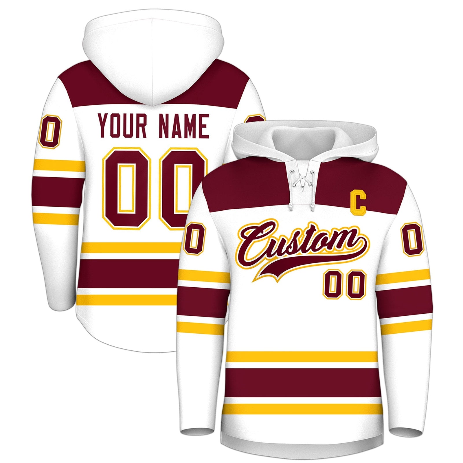 Custom Hockey Hoodie Jersey White Crimson Raglan Sleeves Lace-Up Neck Personalized Jersey for Men & Youth