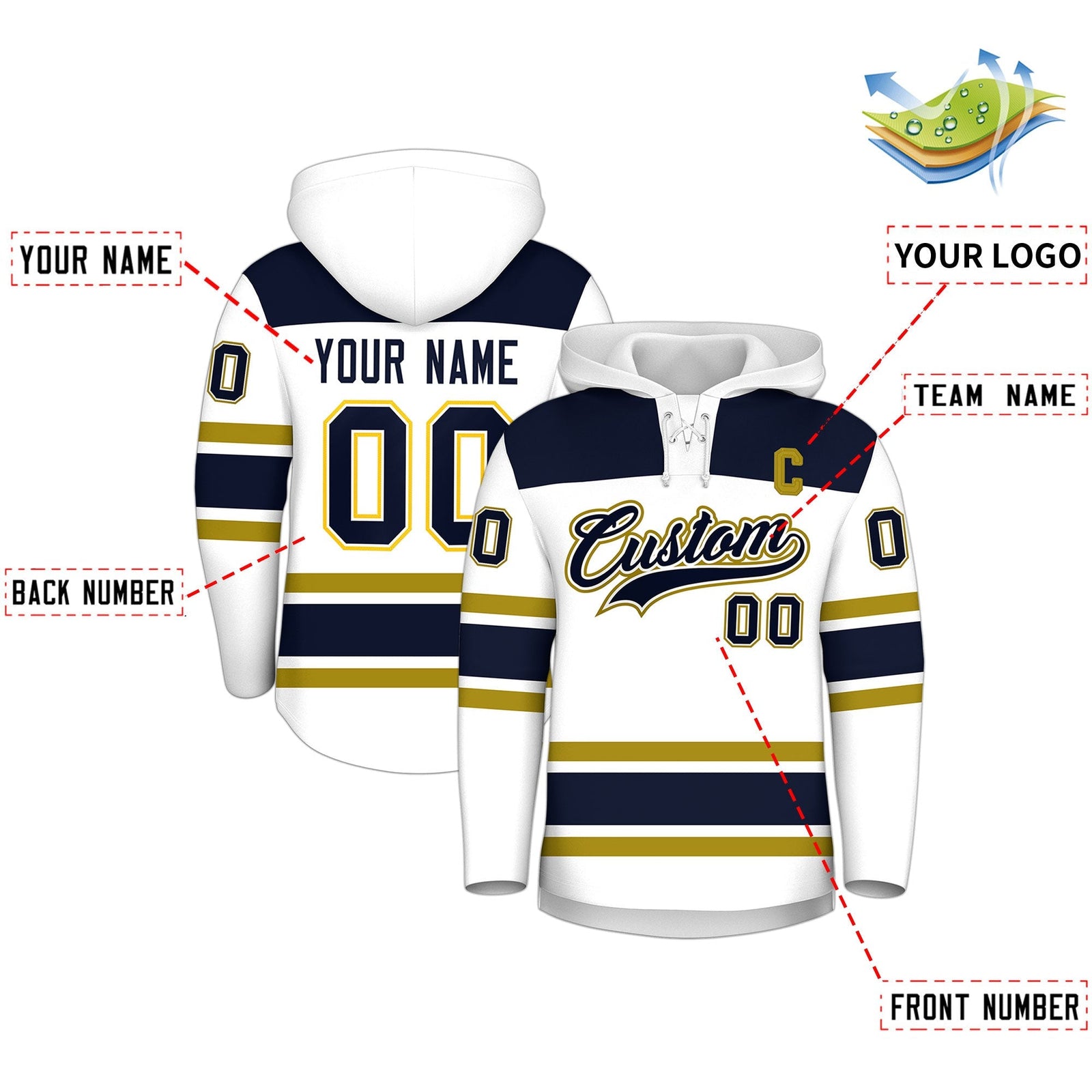 Custom Hockey Hoodie Jersey White Navy Raglan Sleeves Lace-Up Neck Personal Name & Number & Logo