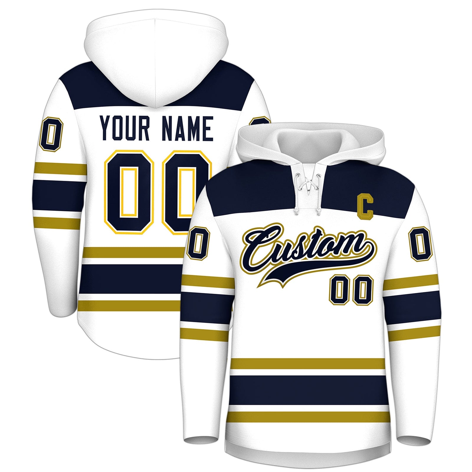 Custom Hockey Hoodie Jersey White Navy Raglan Sleeves Lace-Up Neck Personal Name & Number & Logo