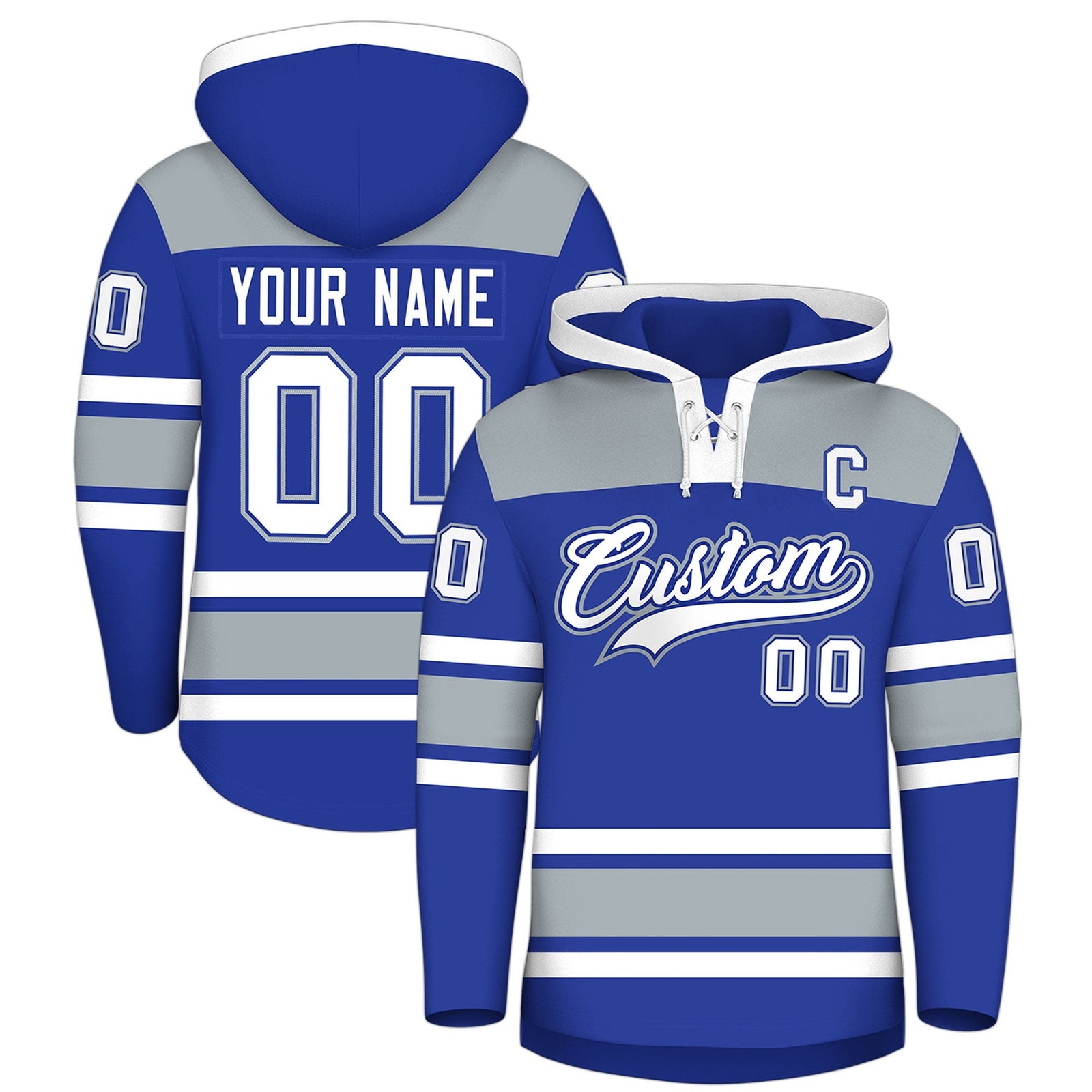 Custom Hockey Hoodie Jersey Royal Blue Silver Raglan Sleeves Lace-Up Neck Personalized Jersey for Men & Youth