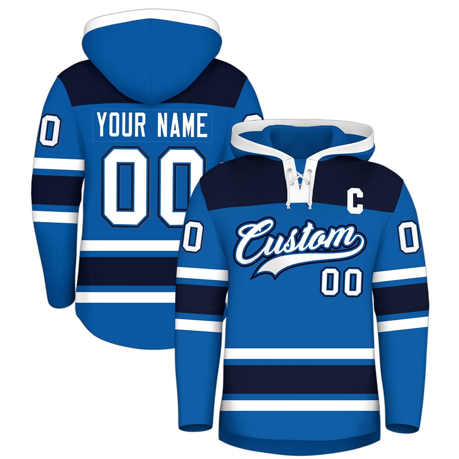 Custom Hockey Hoodie Jersey Royal Navy Raglan Sleeves Lace-Up Neck Personal Name & Number & Logo