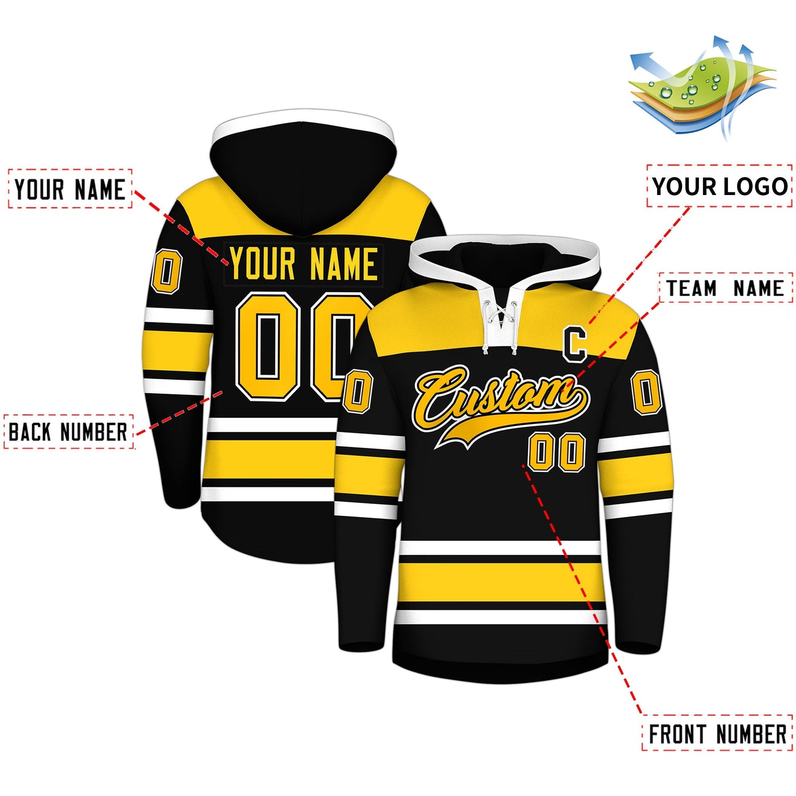 Custom Hockey Hoodie Jersey Black Gold Raglan Sleeves Lace-Up Neck Personalized Jersey for Men & Youth