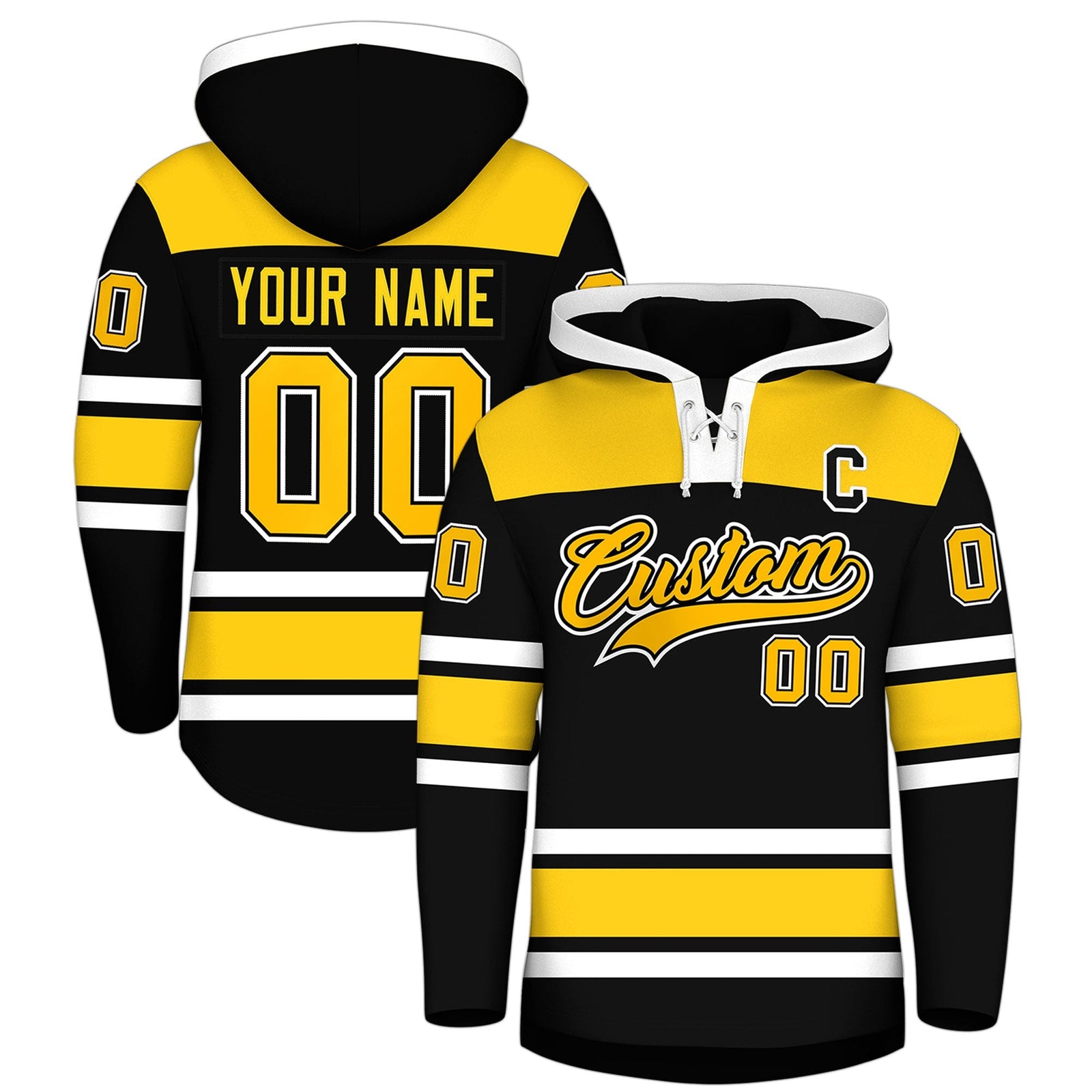 Custom Hockey Hoodie Jersey Black Gold Raglan Sleeves Lace-Up Neck Personalized Jersey for Men & Youth