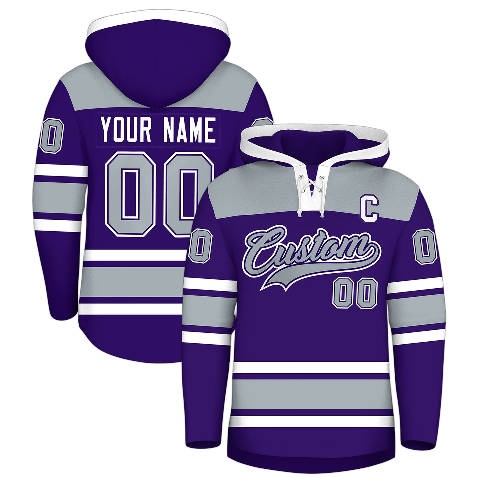 Custom Hockey Hoodie Jersey Purple Silver Raglan Sleeves Lace-Up Neck Personal Name & Number & Logo