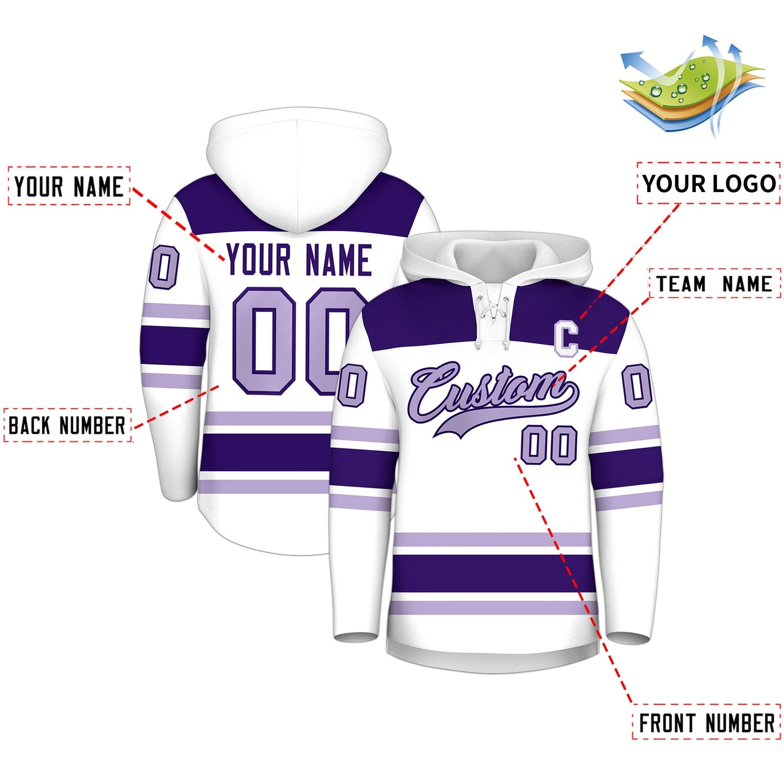 Custom Hockey Hoodie Jersey White Purple Raglan Sleeves Lace-Up Neck Personalized Jersey for Men & Youth