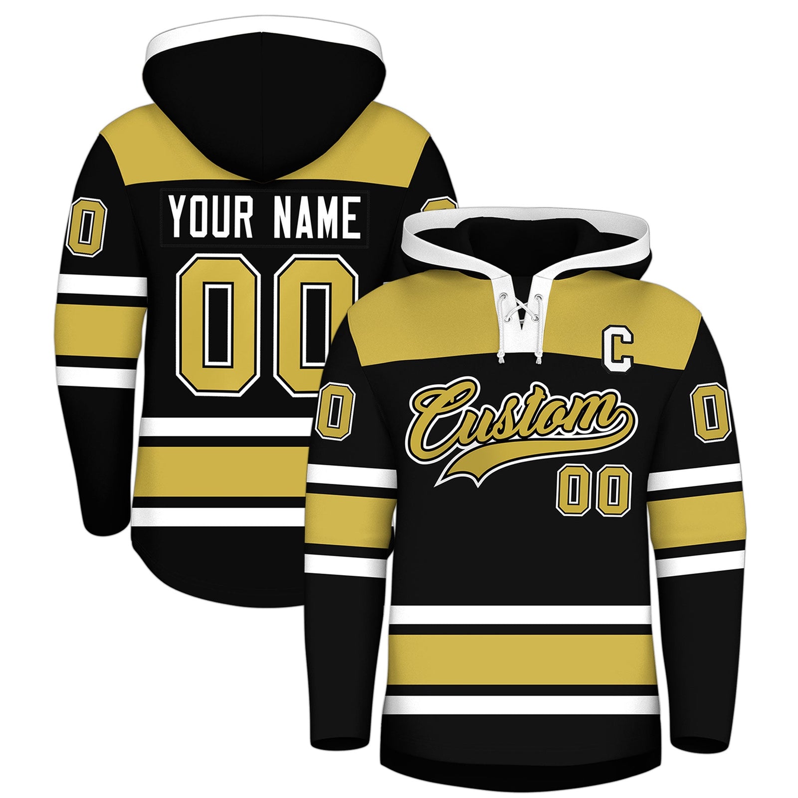 Custom Hockey Hoodie Jersey Black Old Gold Raglan Sleeves Lace-Up Neck Personal Name & Number & Logo