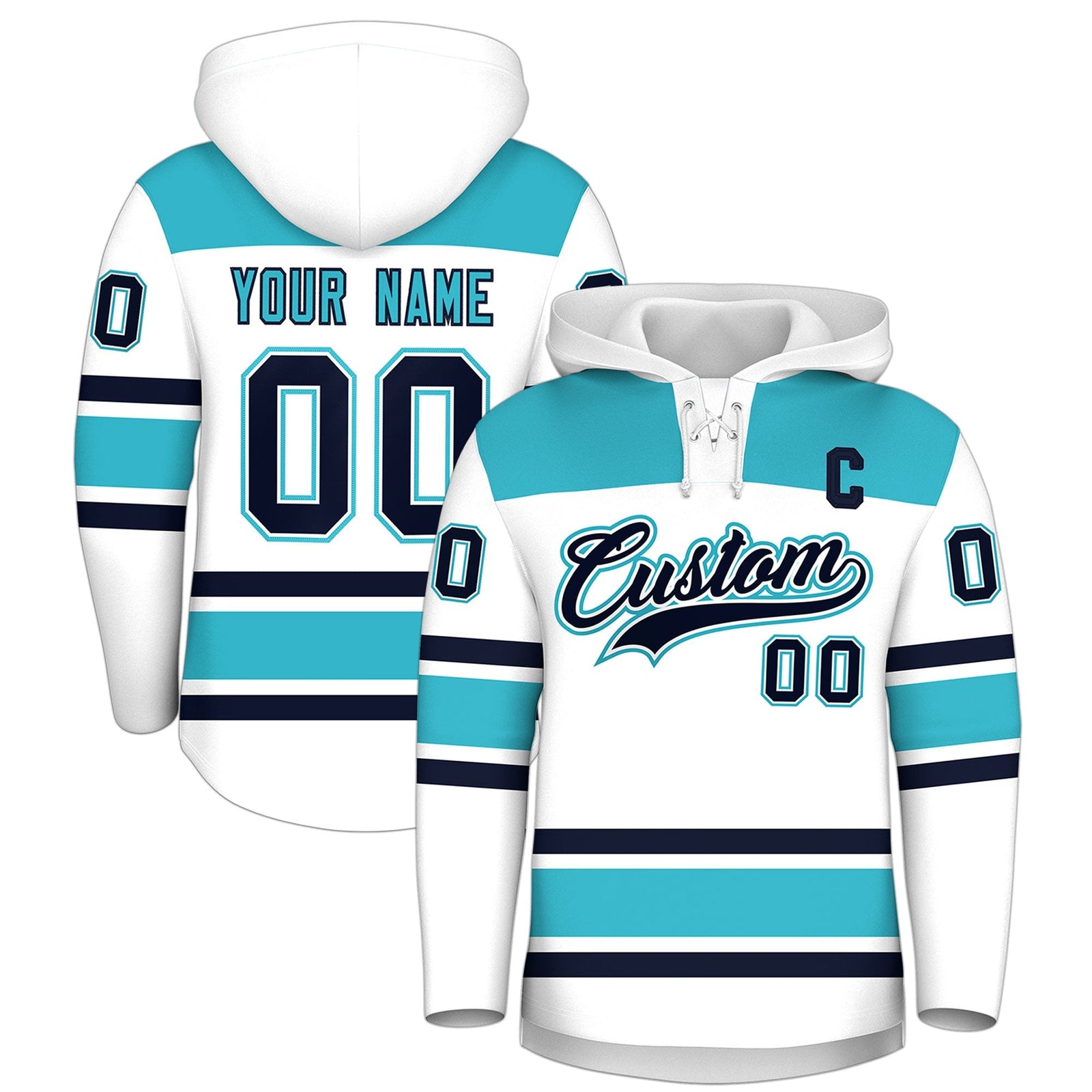 Custom Hockey Hoodie Jersey White Sky Blue Raglan Sleeves Lace-Up Neck Personalized Jersey for Men & Youth