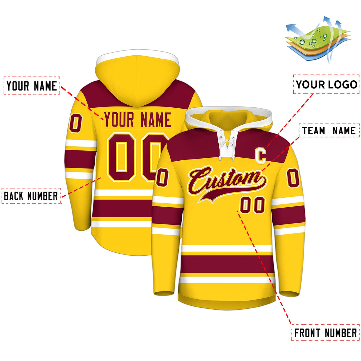 Custom Hockey Hoodie Jersey Gold Crimson Raglan Sleeves Lace-Up Neck Personalized Jersey for Men &amp; Youth