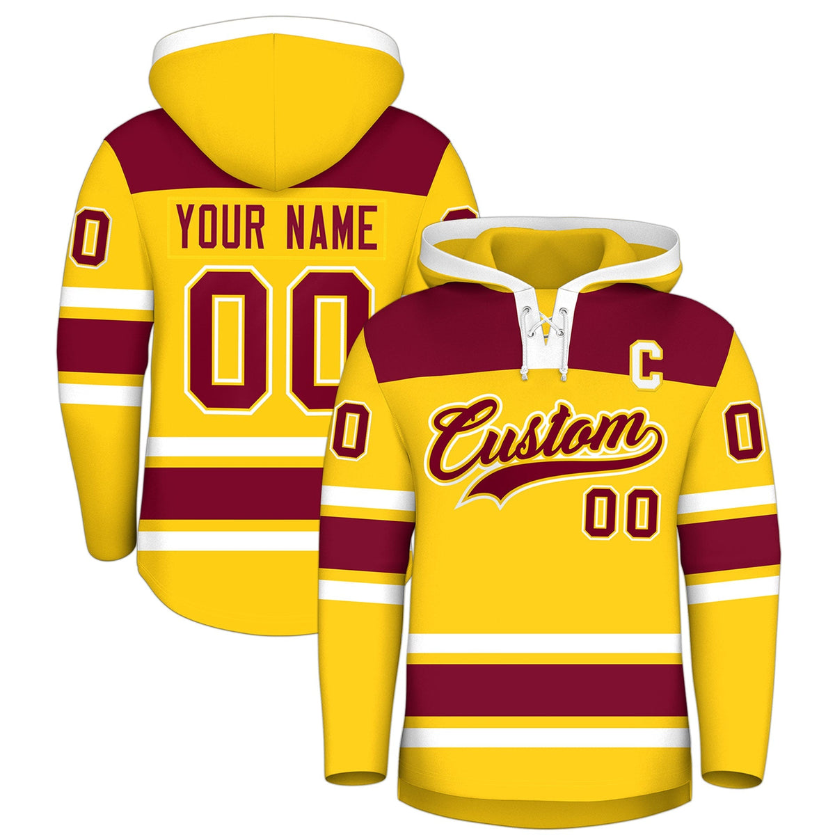 Custom Hockey Hoodie Jersey Gold Crimson Raglan Sleeves Lace-Up Neck Personalized Jersey for Men &amp; Youth