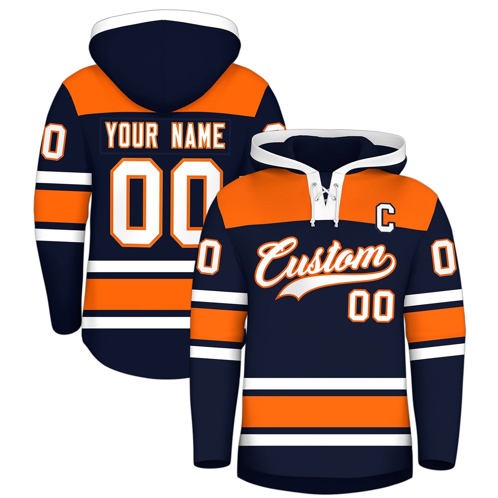 Custom Hockey Hoodie Jersey Navy Orange Raglan Sleeves Lace-Up Neck Personal Name & Number & Logo
