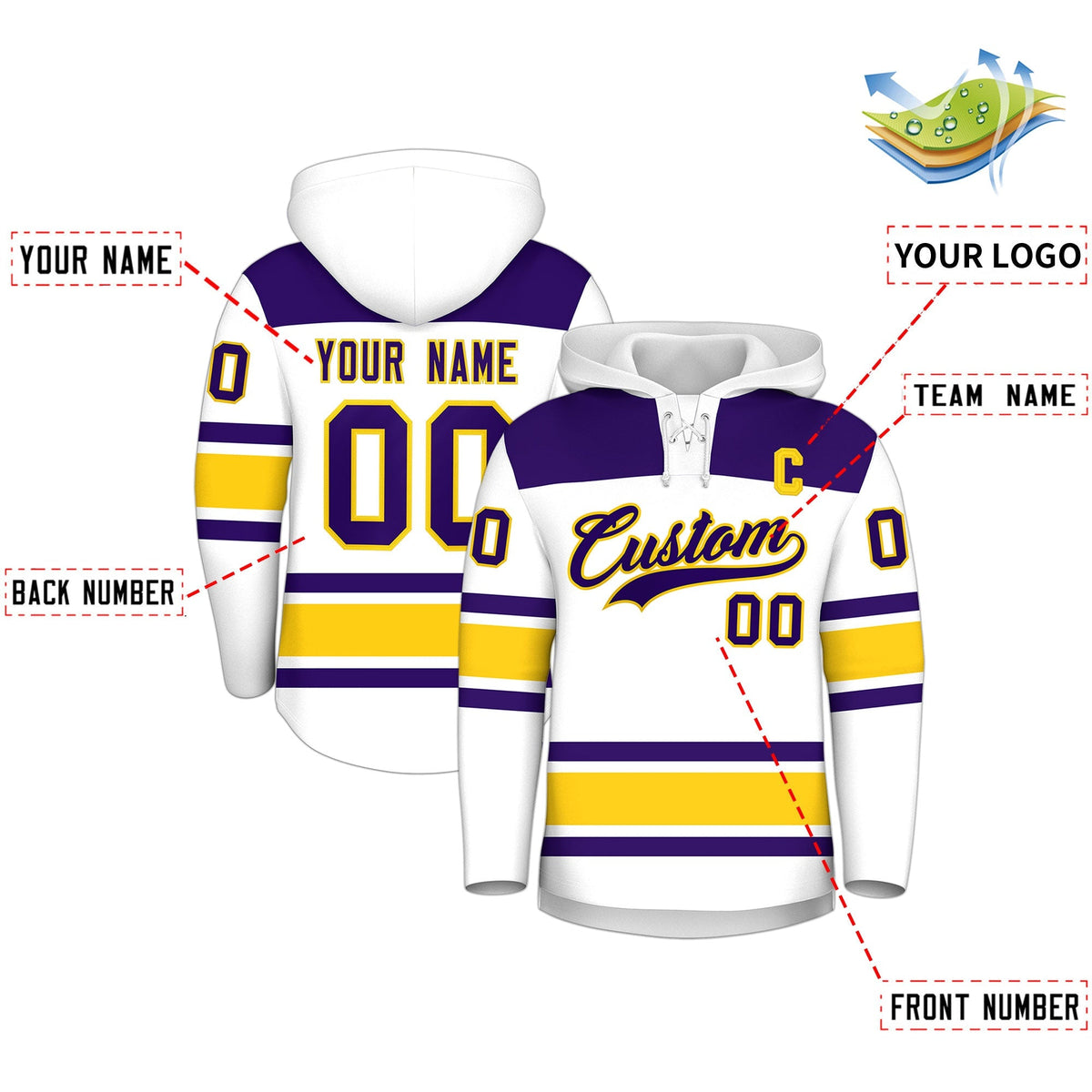 Custom Hockey Hoodie Jersey White Gold Raglan Sleeves Lace-Up Neck Personal Name &amp; Number &amp; Logo