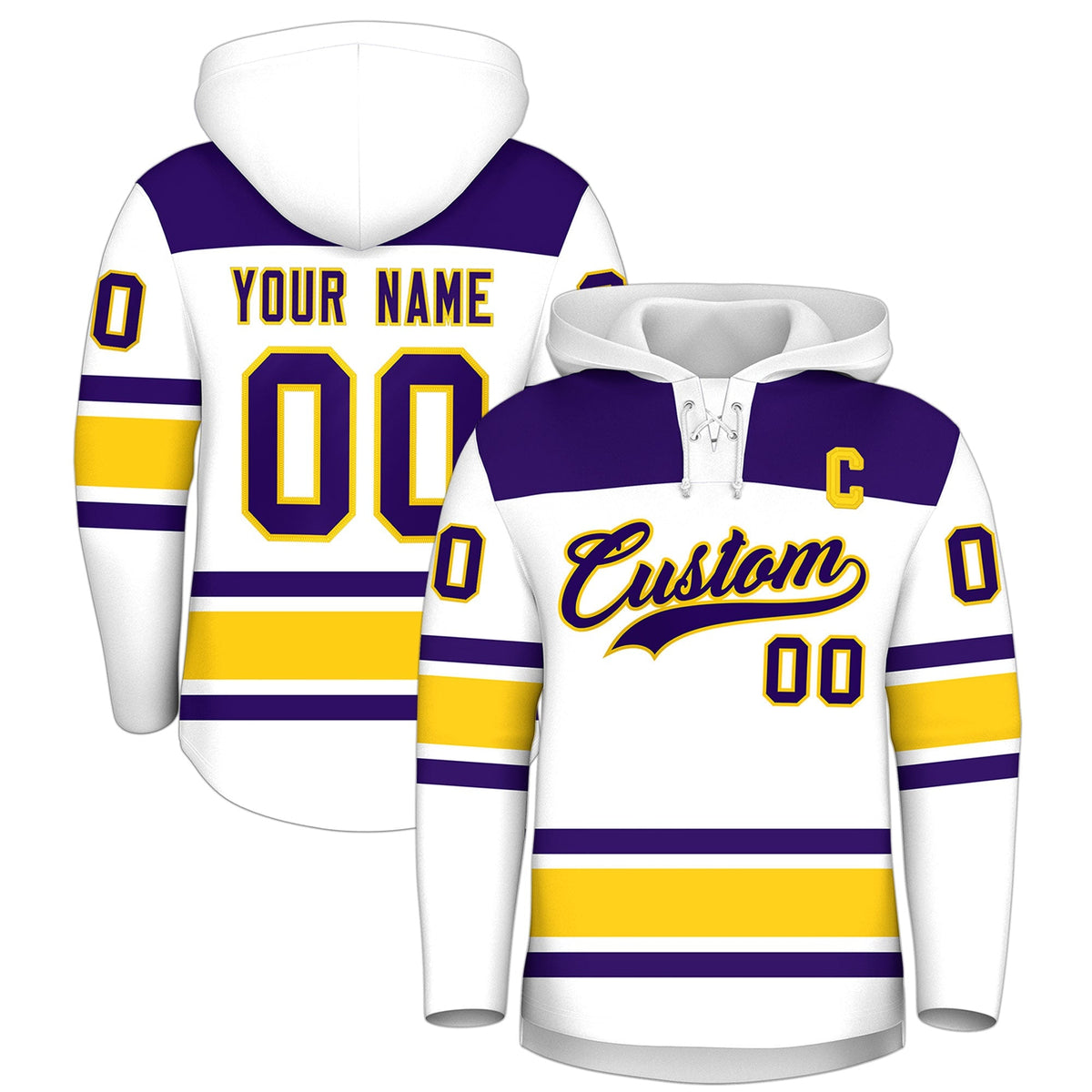Custom Hockey Hoodie Jersey White Gold Raglan Sleeves Lace-Up Neck Personal Name &amp; Number &amp; Logo