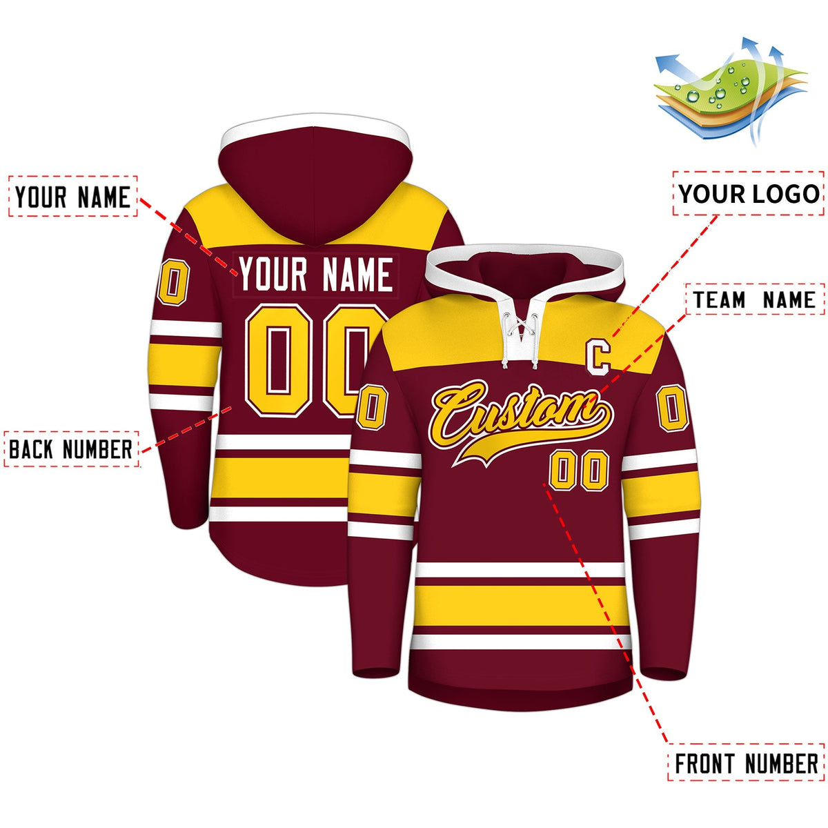 Custom Hockey Hoodie Jersey Crimson Gold Raglan Sleeves Lace-Up Neck Personalized Jersey for Men &amp; Youth