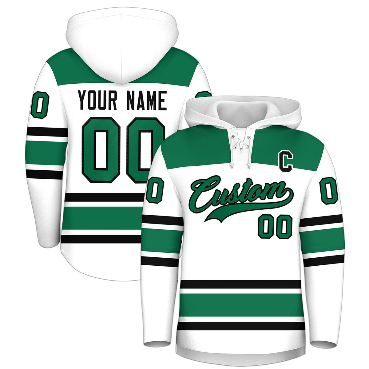 Custom Hockey Hoodie Jersey White Kelly Green Raglan Sleeves Lace-Up Neck Personalized Jersey for Men &amp; Youth