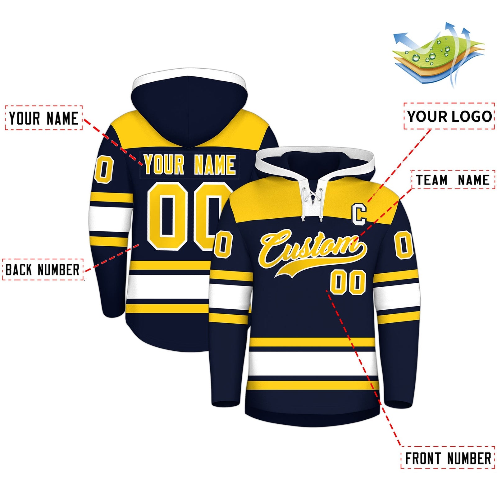 Custom Hockey Hoodie Jersey Navy Gold Raglan Sleeves Lace-Up Neck Personal Name & Number & Logo