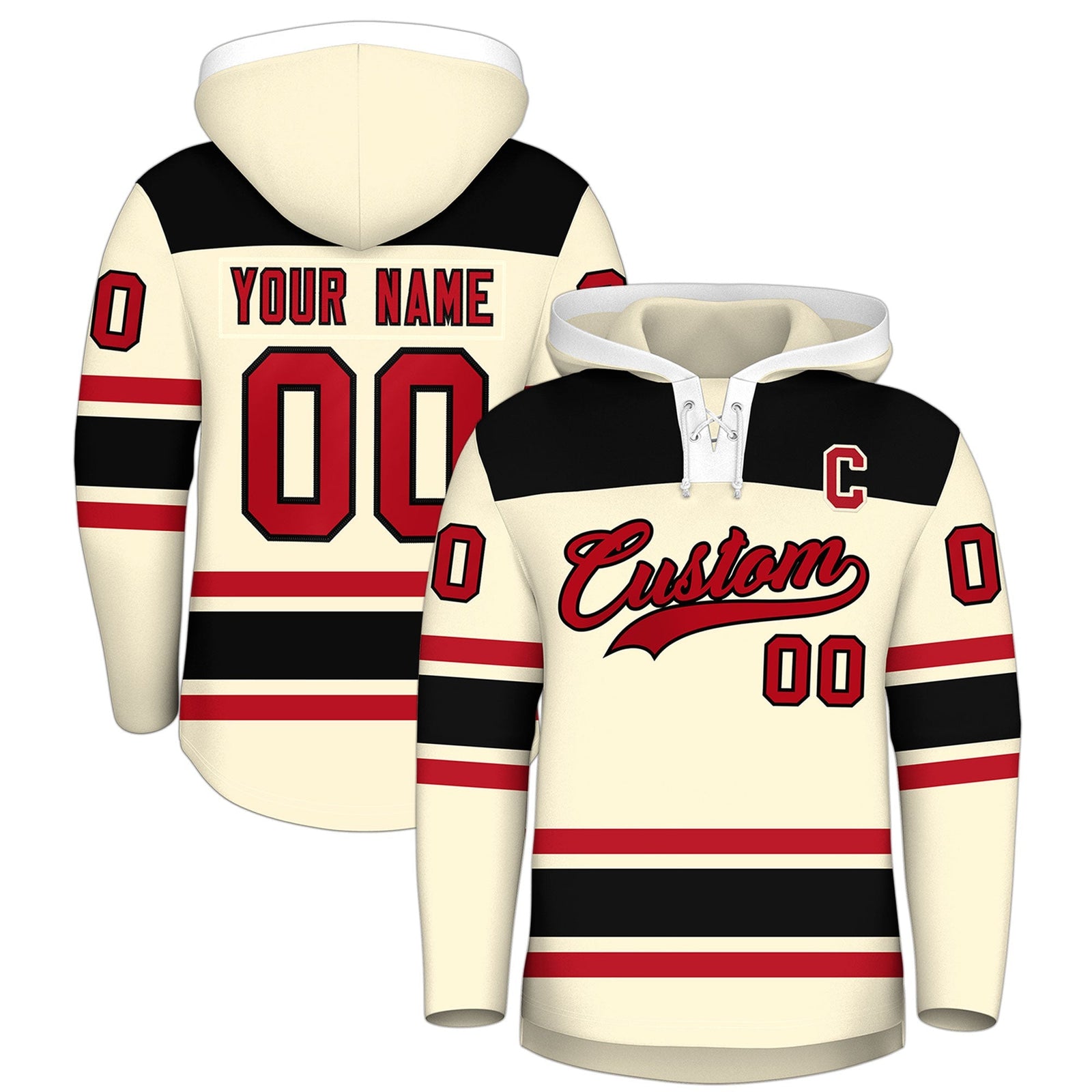 Custom Hockey Hoodie Jersey Cream Black Raglan Sleeves Lace-Up Neck Personal Name & Number & Logo