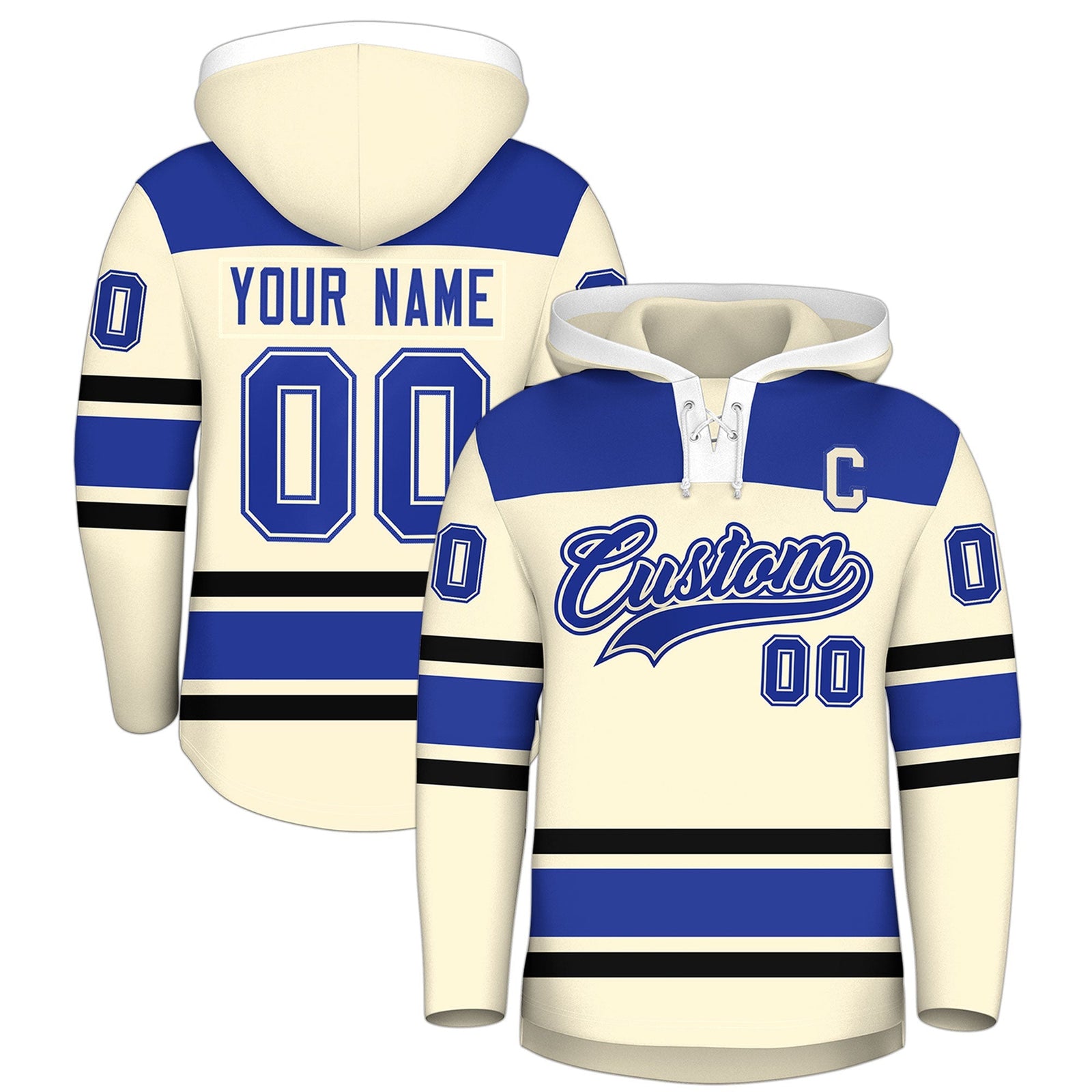 Custom Hockey Hoodie Jersey Cream Royal Blue Raglan Sleeves Lace-Up Neck Personal Name & Number & Logo
