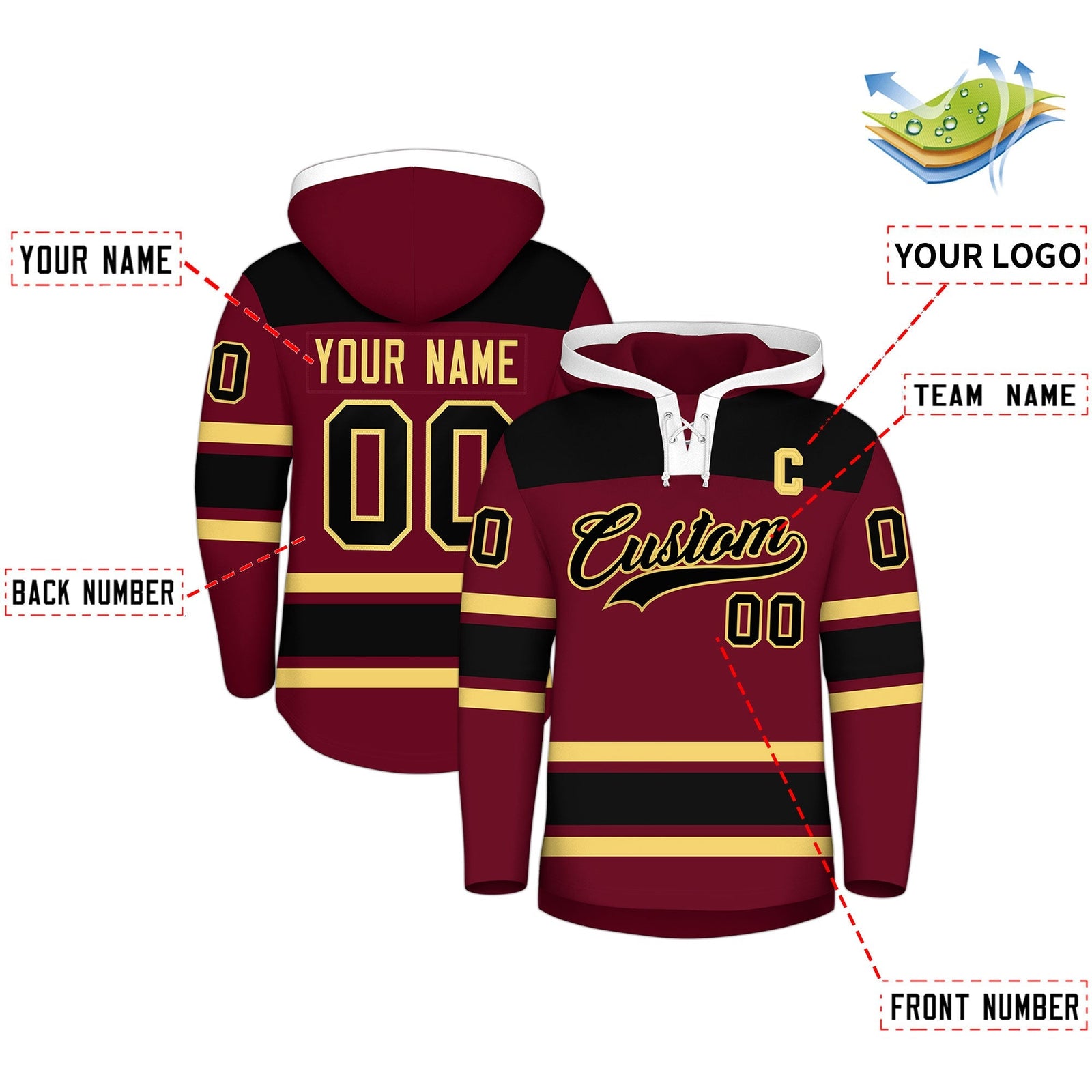 Custom Hockey Hoodie Jersey Crimson Black Raglan Sleeves Lace-Up Neck Personal Name & Number & Logo