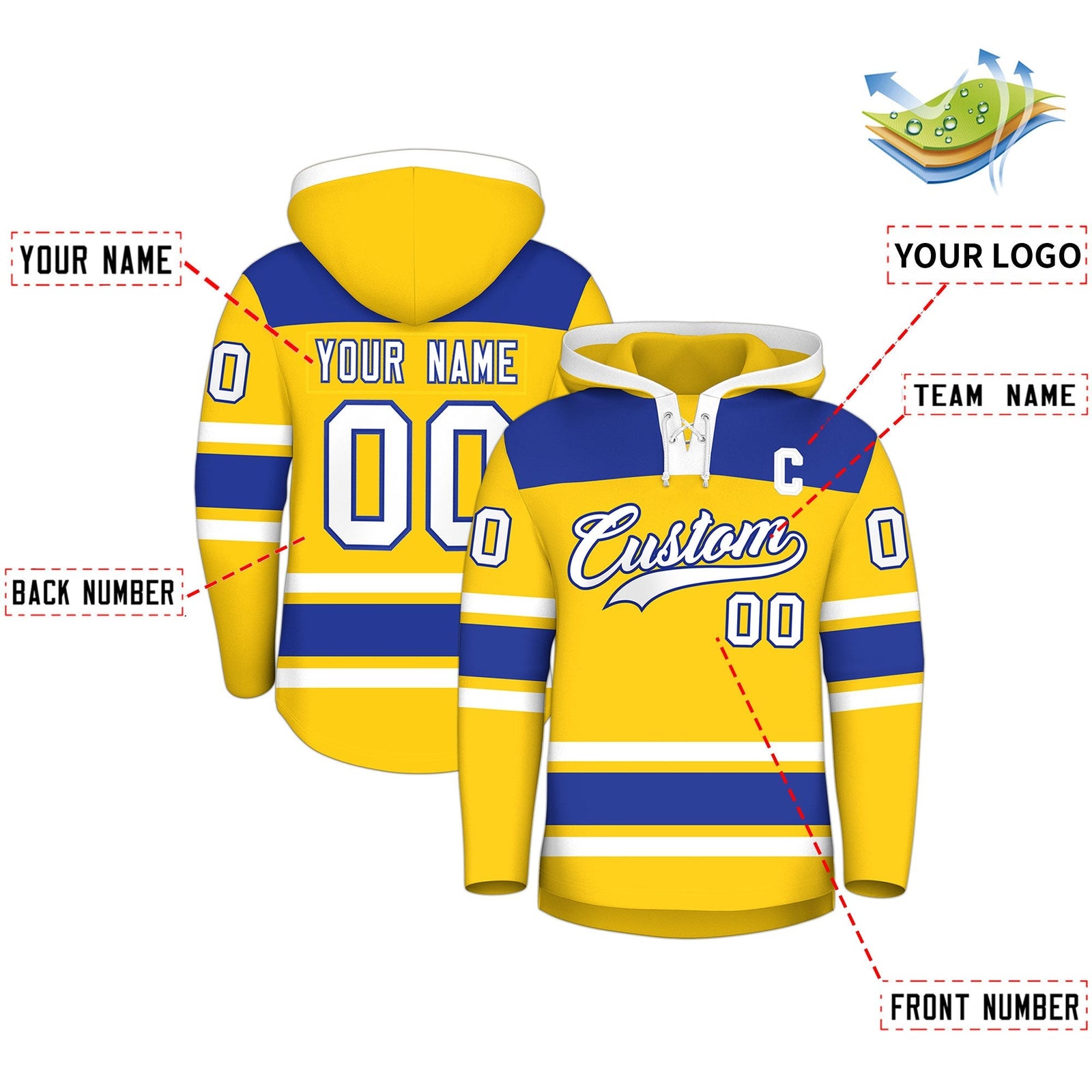 Custom Hockey Hoodie Jersey Gold Royal Blue Raglan Sleeves Lace-Up Neck Personalized Jersey for Men & Youth
