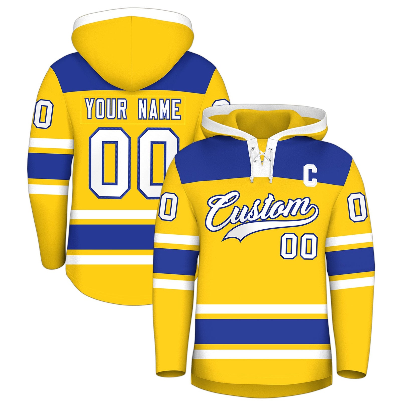 Custom Hockey Hoodie Jersey Gold Royal Blue Raglan Sleeves Lace-Up Neck Personalized Jersey for Men & Youth