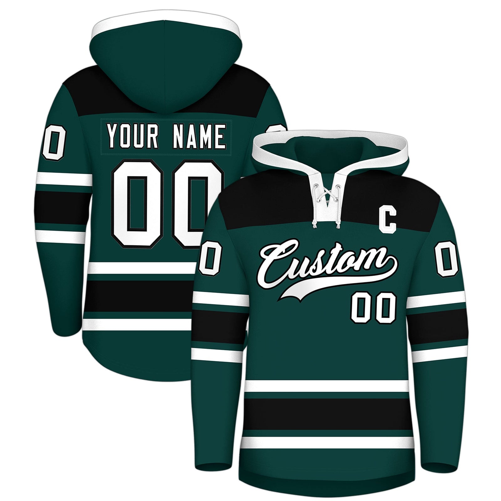 Custom Hockey Hoodie Jersey Midnight Green Black Raglan Sleeves Lace-Up Neck Personal Name & Number & Logo