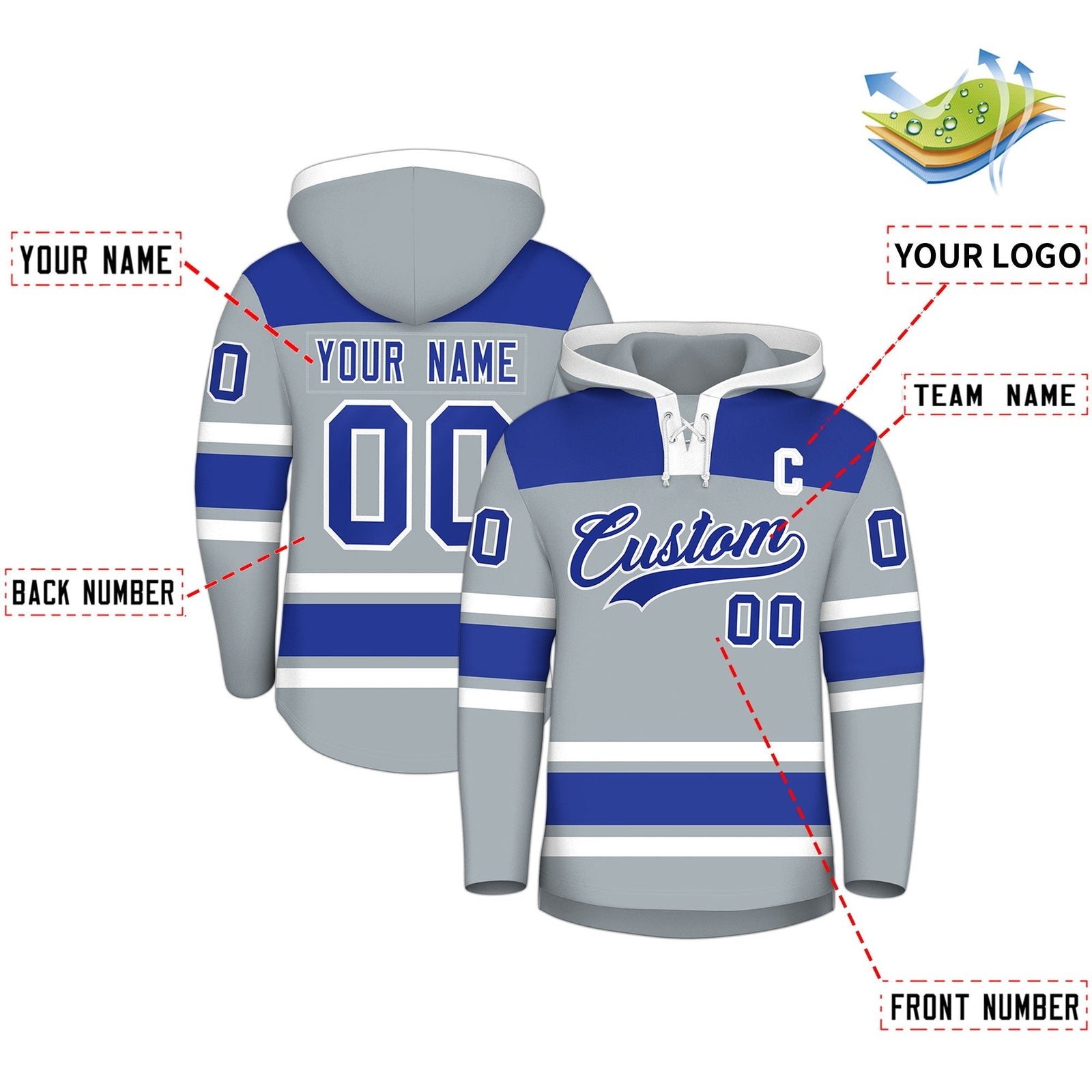 Custom Hockey Hoodie Jersey Silver Royal Blue Raglan Sleeves Lace-Up Neck Personalized Jersey for Men & Youth