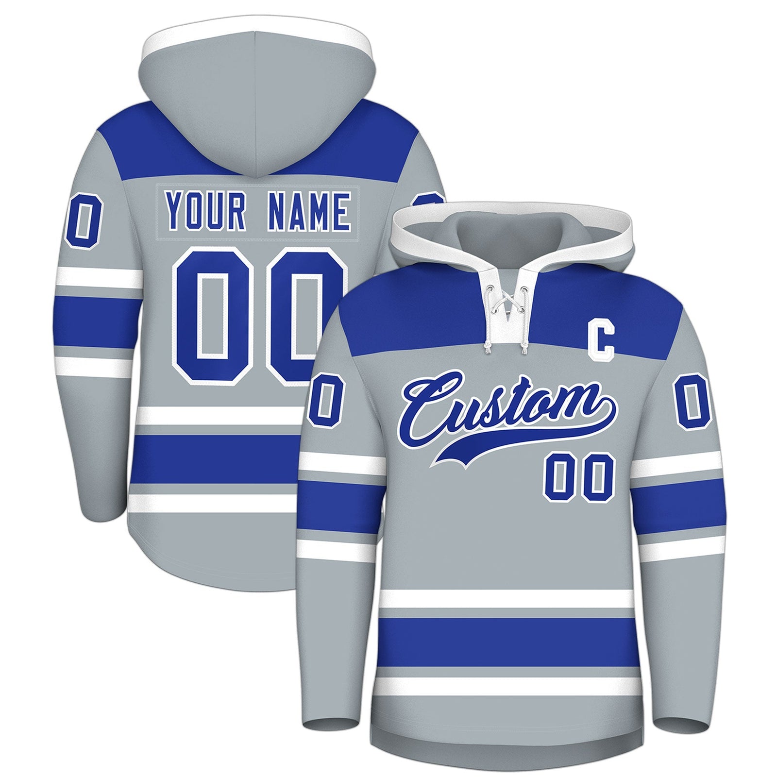 Custom Hockey Hoodie Jersey Silver Royal Blue Raglan Sleeves Lace-Up Neck Personalized Jersey for Men & Youth
