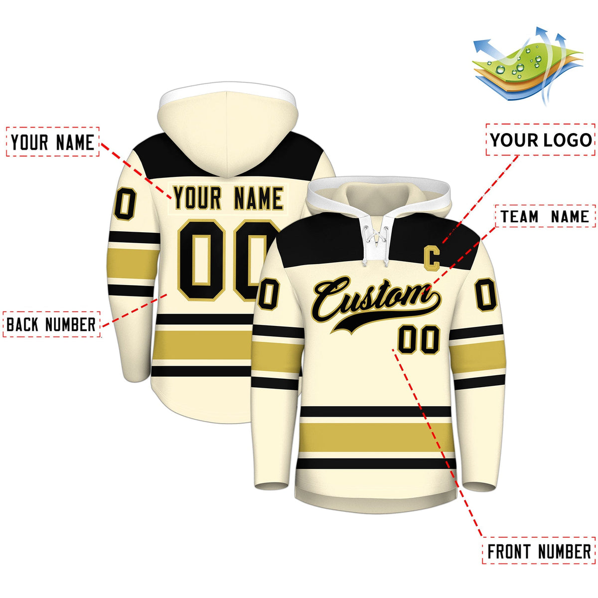 Custom Hockey Hoodie Jersey Cream Old Gold Raglan Sleeves Lace-Up Neck Personal Name &amp; Number &amp; Logo