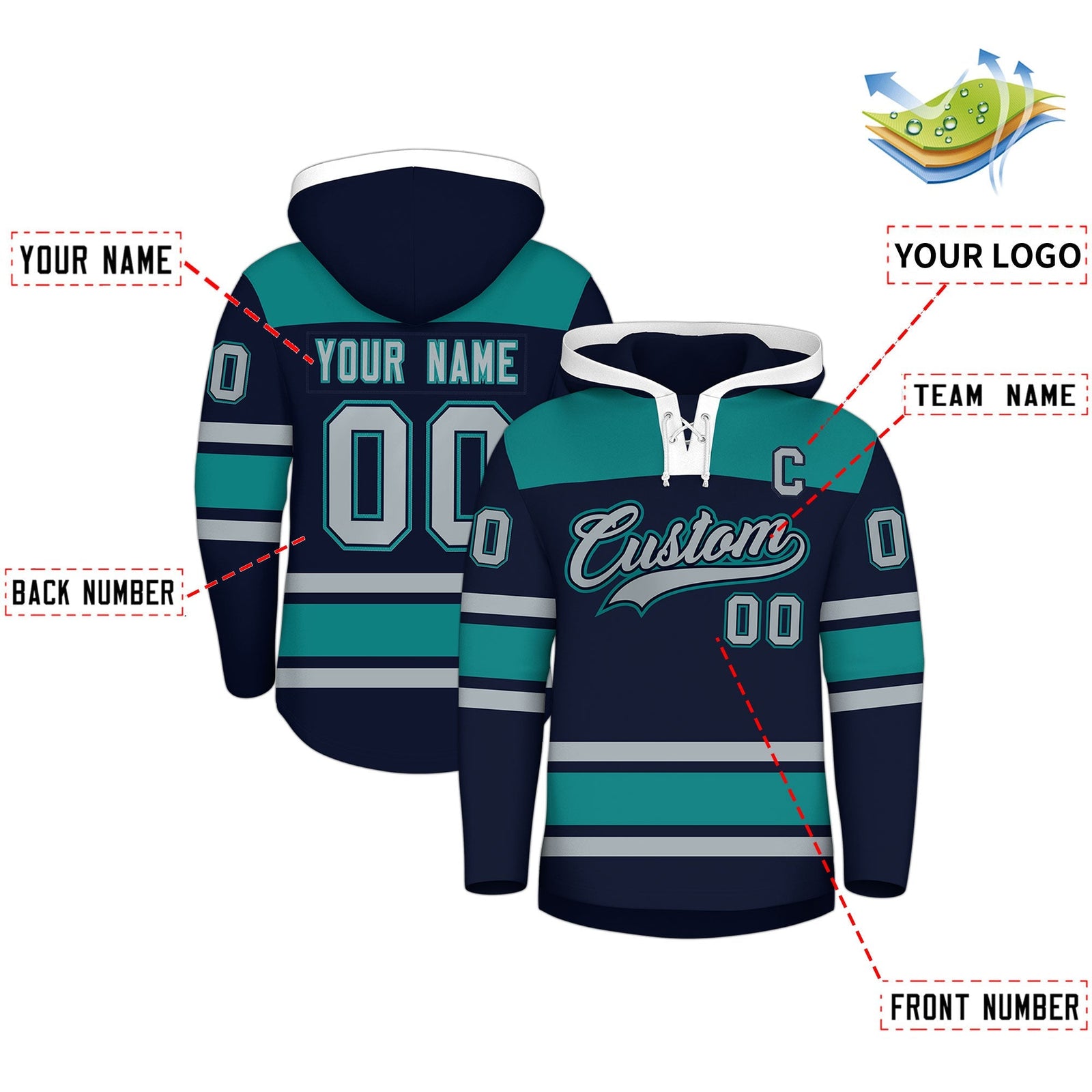Custom Hockey Hoodie Jersey Navy Teal Raglan Sleeves Lace-Up Neck Classic Team Colors Hoodie