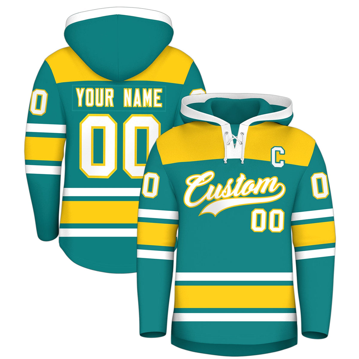 Custom Hockey Hoodie Jersey Teal Gold Raglan Sleeves Lace-Up Neck Personal Name &amp; Number &amp; Logo