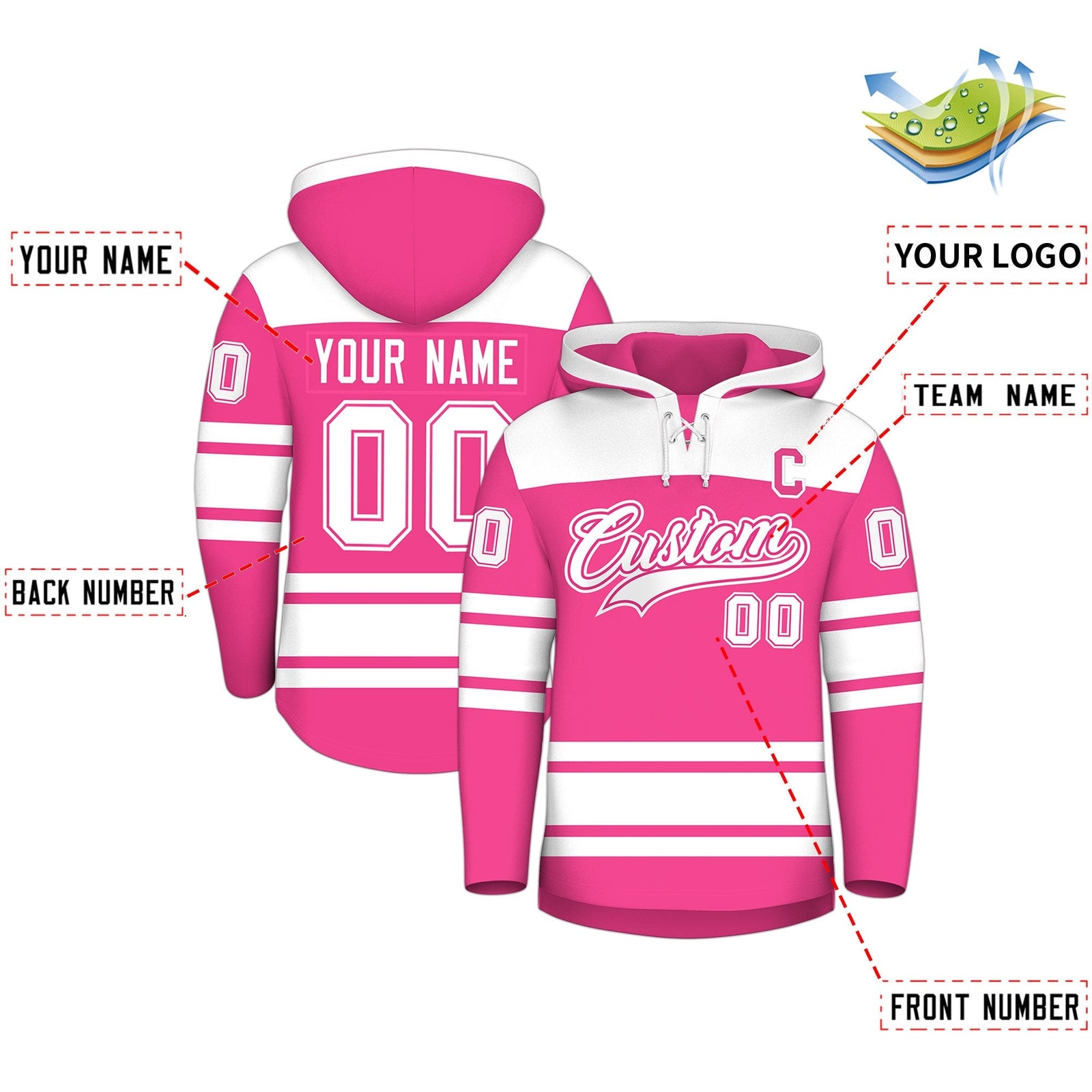 Custom Hockey Hoodie Jersey Pink White Raglan Sleeves Lace-Up Neck Personalized Jersey for Men & Youth