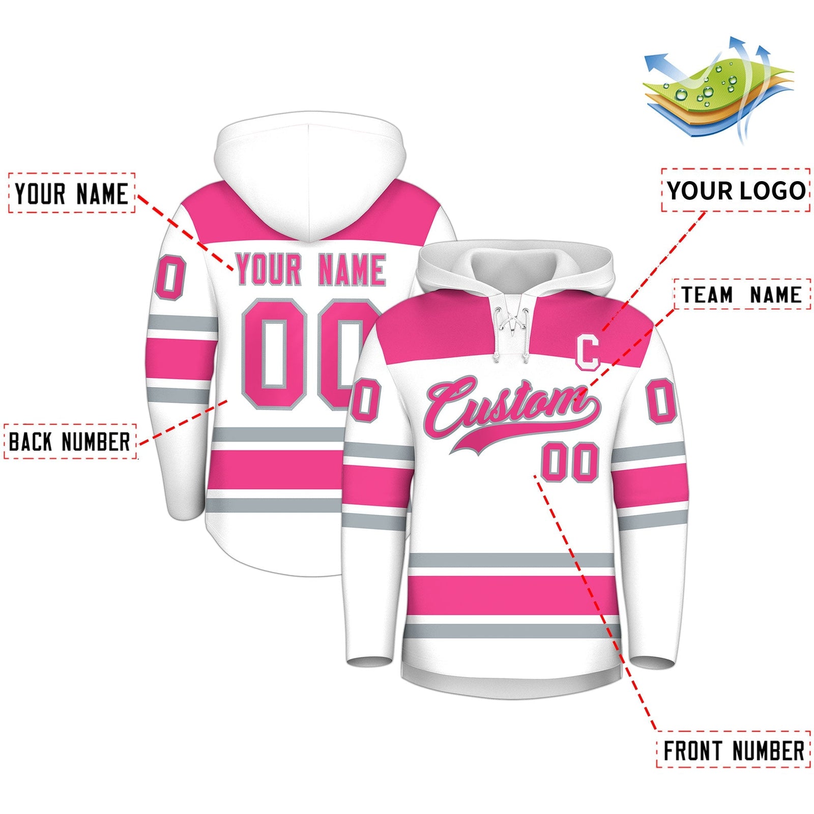 Custom Hockey Hoodie Jersey White Pink Raglan Sleeves Lace-Up Neck Personal Name & Number & Logo