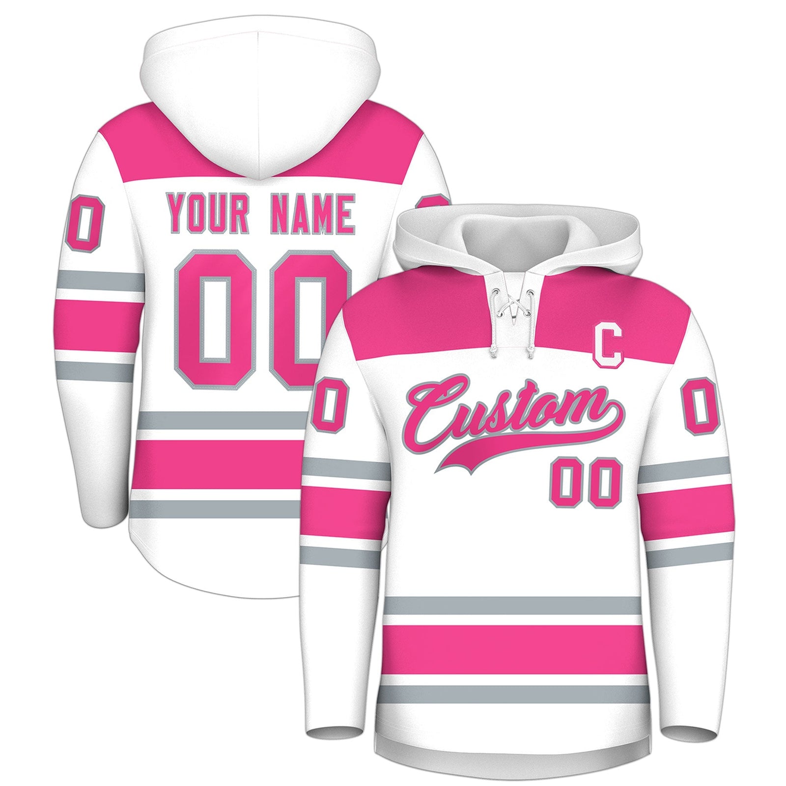 Custom Hockey Hoodie Jersey White Pink Raglan Sleeves Lace-Up Neck Personal Name & Number & Logo