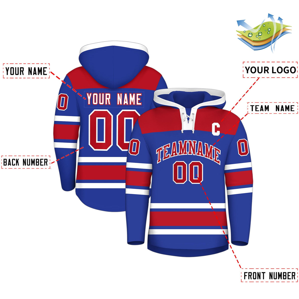 Custom Hockey Hoodie Jersey Royal Blue Red Raglan Sleeves Lace-Up Neck Personal Name &amp; Number &amp; Logo