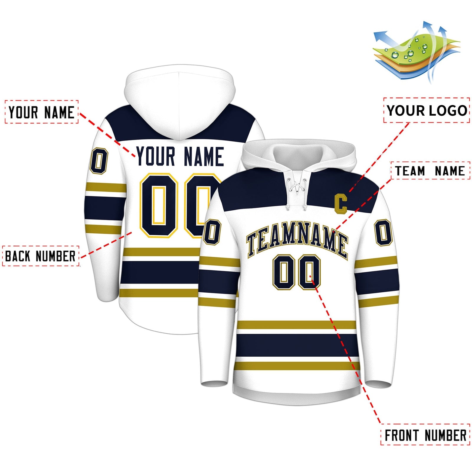 Custom Hockey Hoodie Jersey White Navy Raglan Sleeves Lace-Up Neck Personal Name & Number & Logo