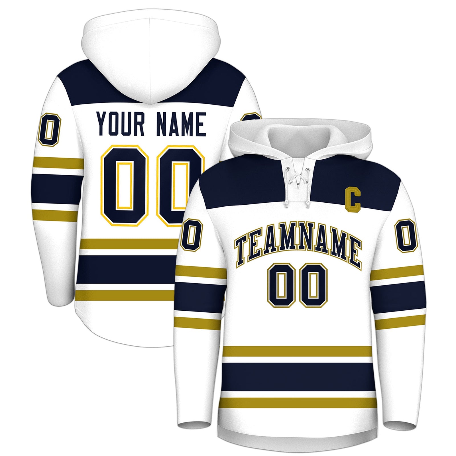 Custom Hockey Hoodie Jersey White Navy Raglan Sleeves Lace-Up Neck Personal Name & Number & Logo