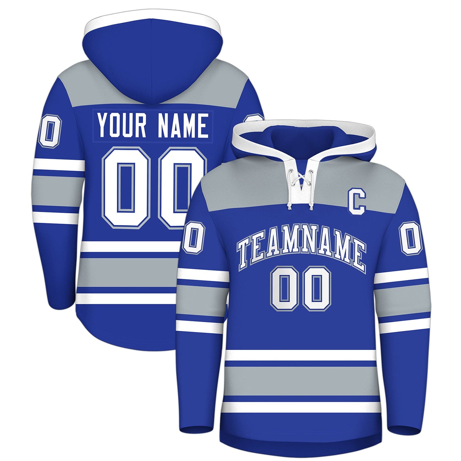 Custom Hockey Hoodie Jersey Royal Blue Silver Raglan Sleeves Lace-Up Neck Personalized Jersey for Men & Youth