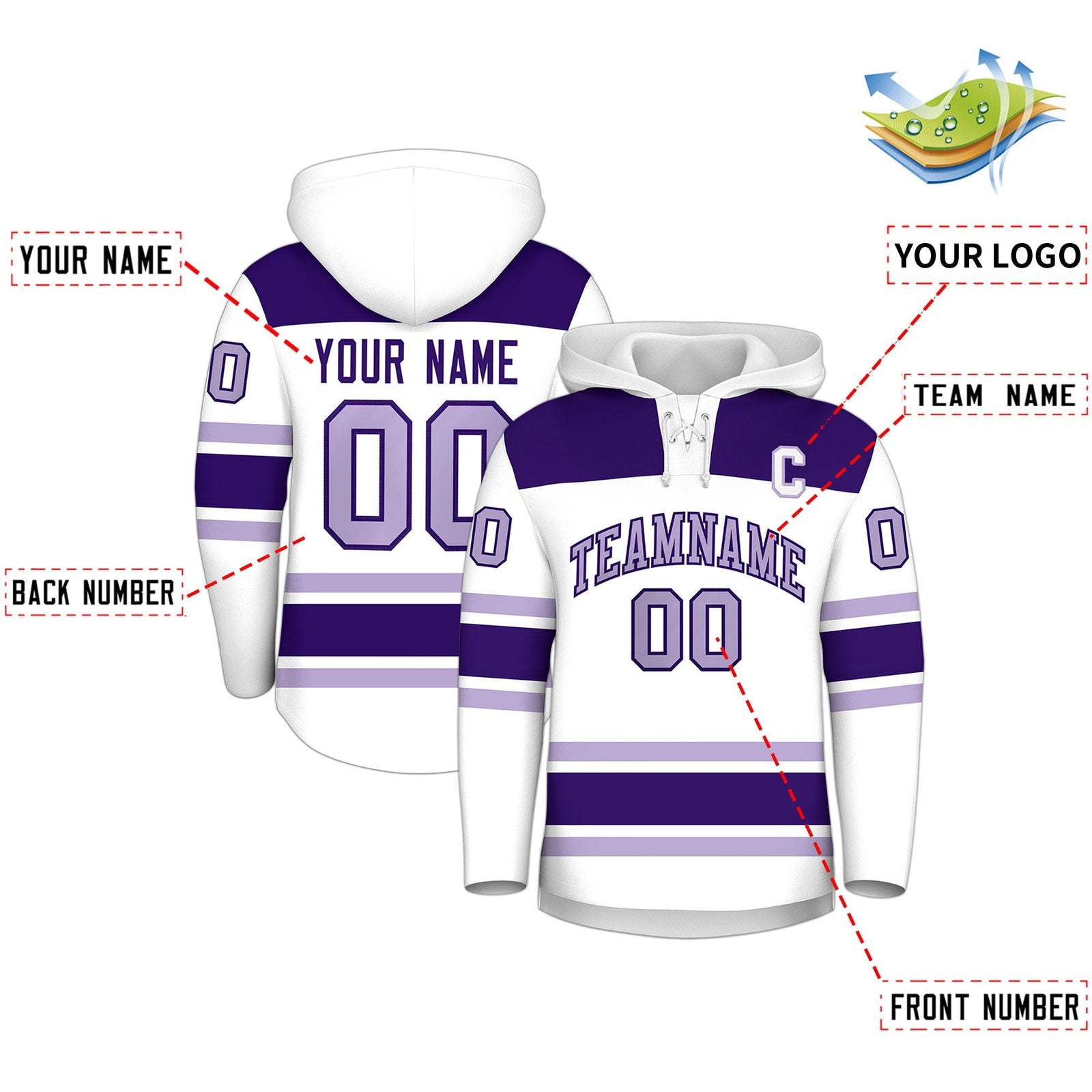 Custom Hockey Hoodie Jersey White Purple Raglan Sleeves Lace-Up Neck Personalized Jersey for Men & Youth