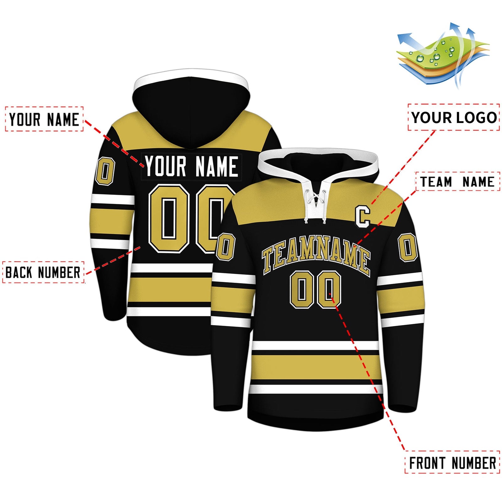 Custom Hockey Hoodie Jersey Black Old Gold Raglan Sleeves Lace-Up Neck Personal Name & Number & Logo