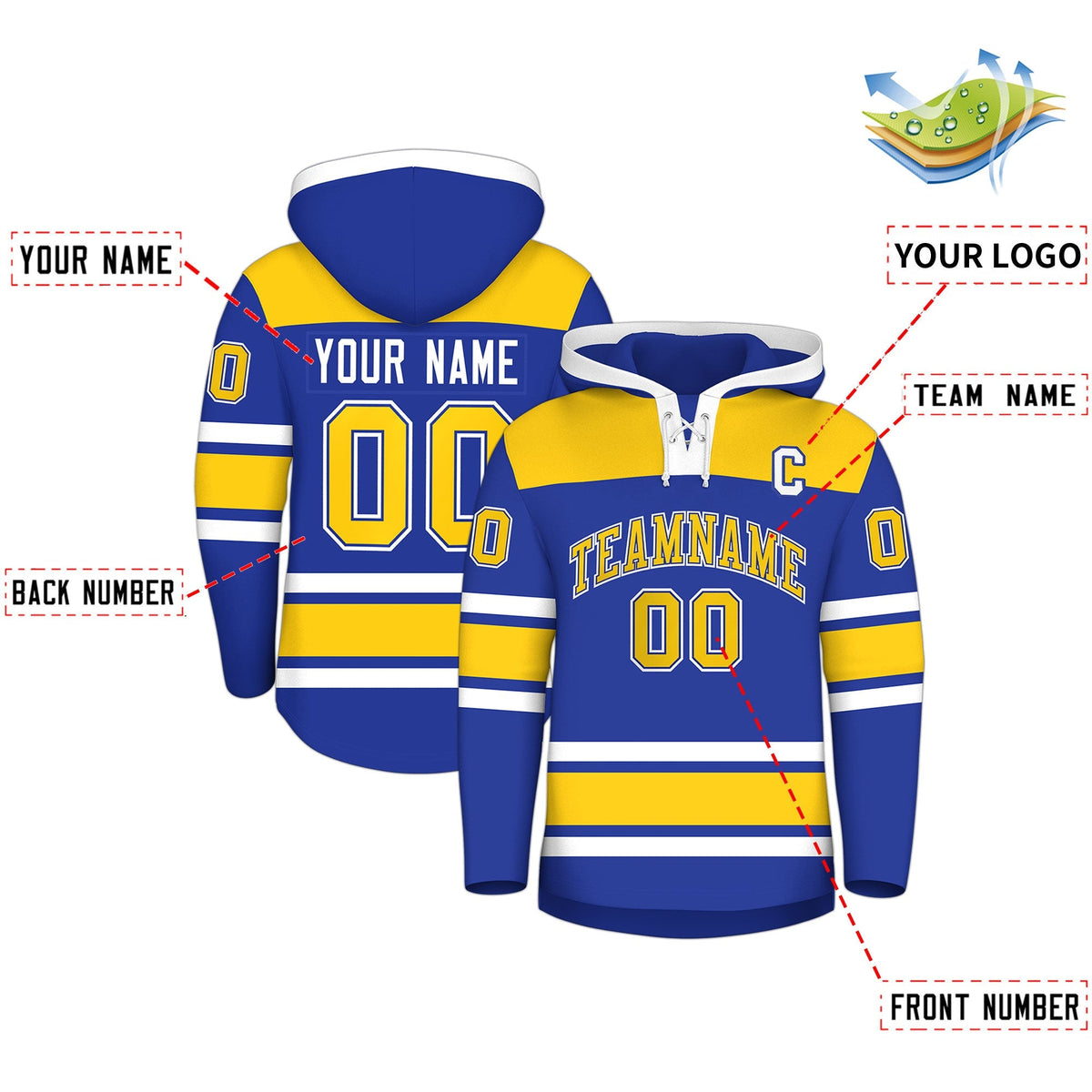Custom Hockey Hoodie Jersey Royal Blue Gold Raglan Sleeves Lace-Up Neck Personal Name &amp; Number &amp; Logo