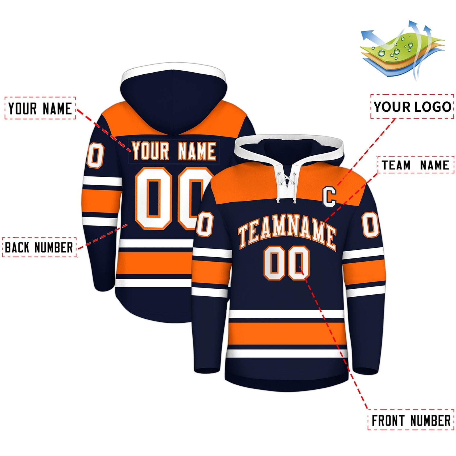 Custom Hockey Hoodie Jersey Navy Orange Raglan Sleeves Lace-Up Neck Personal Name & Number & Logo
