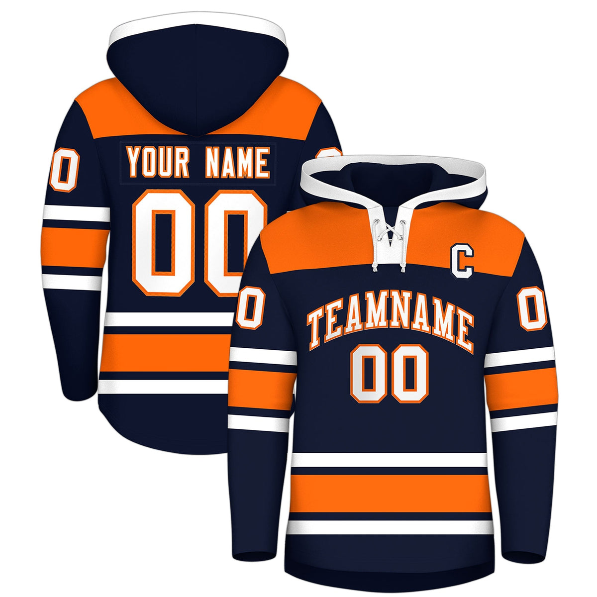 Custom Hockey Hoodie Jersey Navy Orange Raglan Sleeves Lace-Up Neck Personal Name &amp; Number &amp; Logo