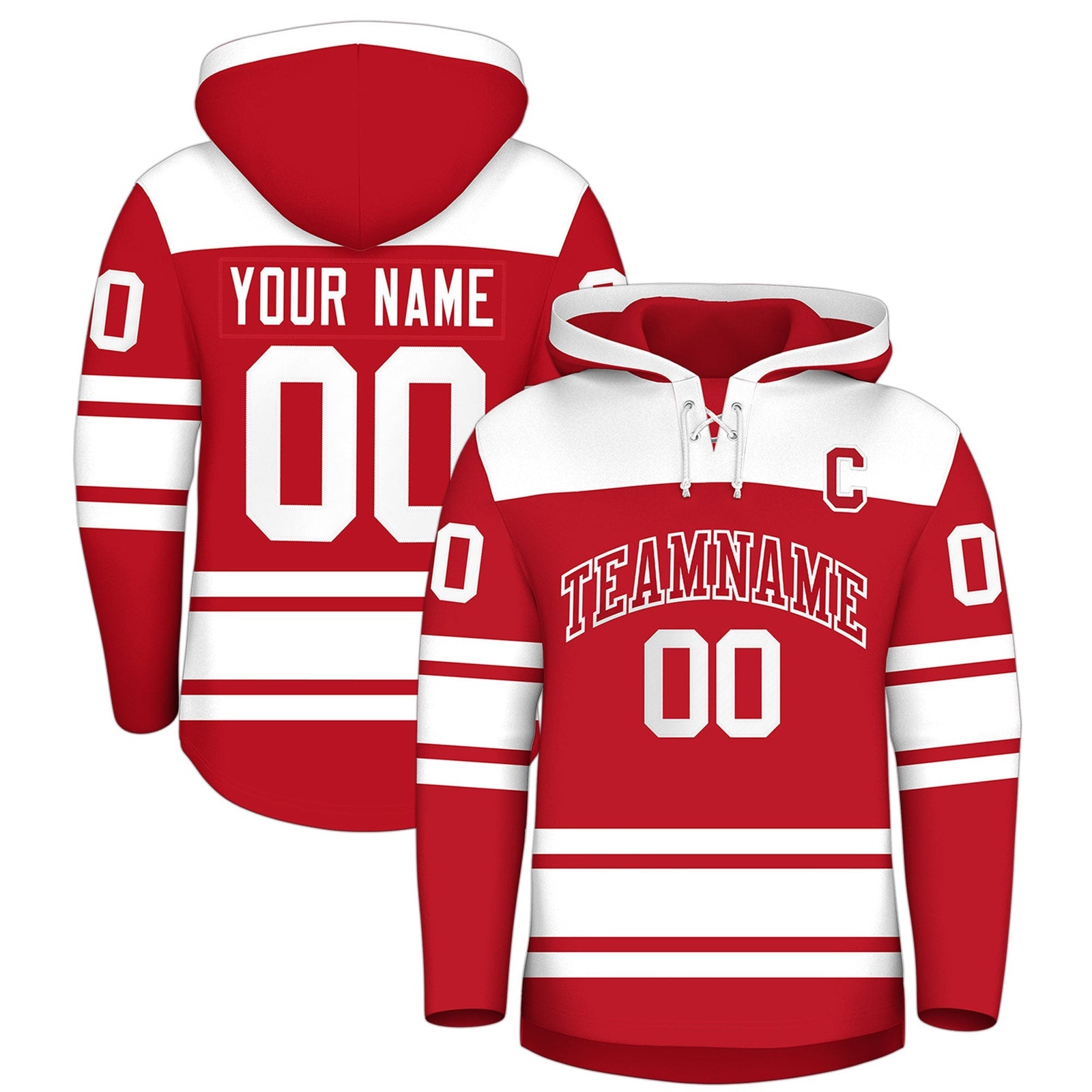 Custom Hockey Hoodie Jersey Red White Raglan Sleeves Lace-Up Neck Personalized Jersey for Men & Youth