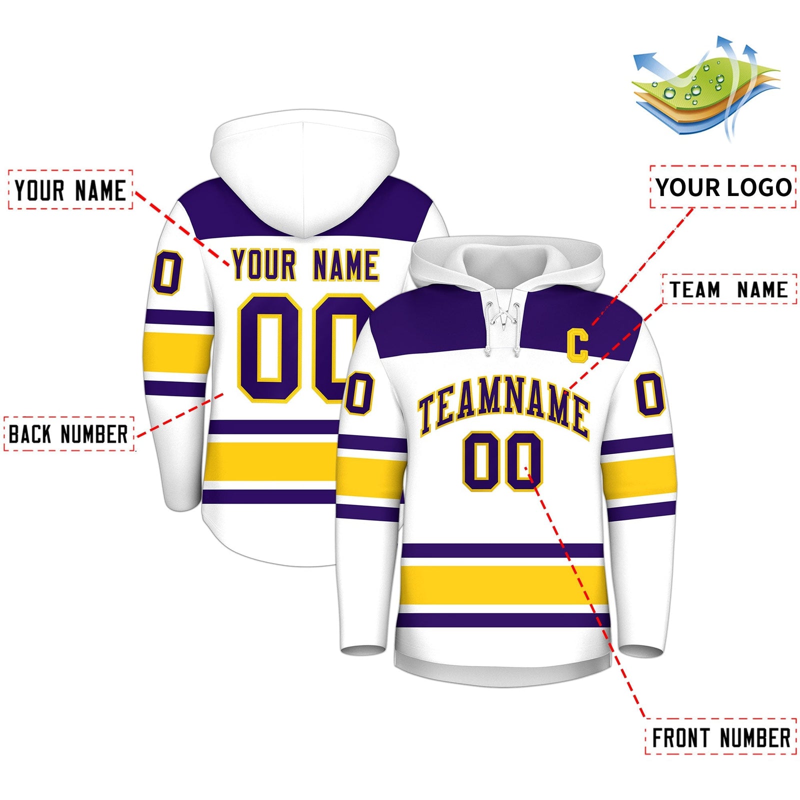 Custom Hockey Hoodie Jersey White Gold Raglan Sleeves Lace-Up Neck Personal Name & Number & Logo