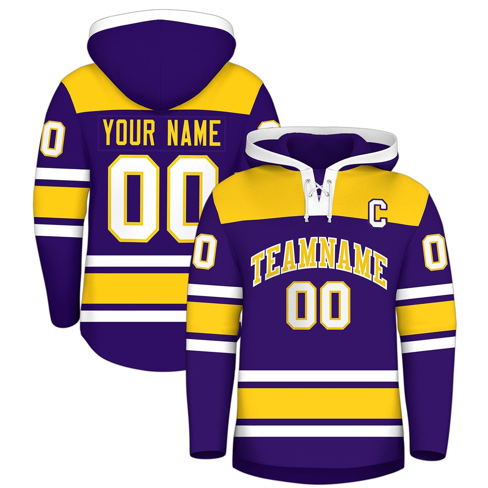 Custom Hockey Hoodie Jersey Purple Gold Raglan Sleeves Lace-Up Neck Personalized Jersey for Men & Youth