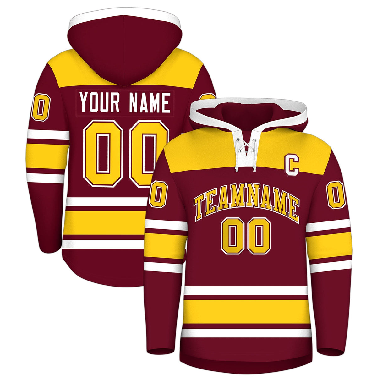 Custom Hockey Hoodie Jersey Crimson Gold Raglan Sleeves Lace-Up Neck Personalized Jersey for Men &amp; Youth